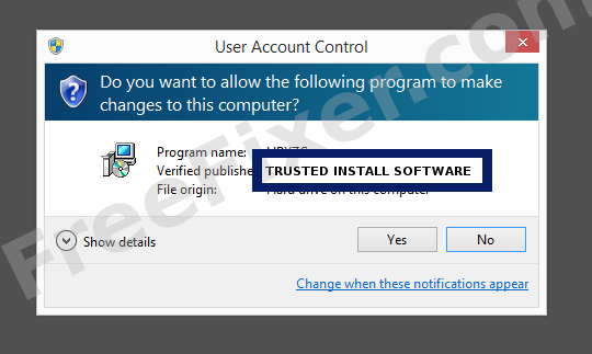 Screenshot where TRUSTED INSTALL SOFTWARE appears as the verified publisher in the UAC dialog